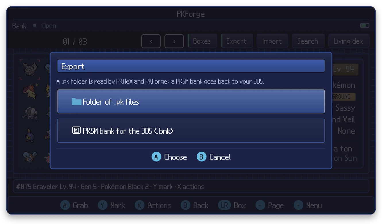 Bank export menu offering a folder of .pk files or a PKSM bank