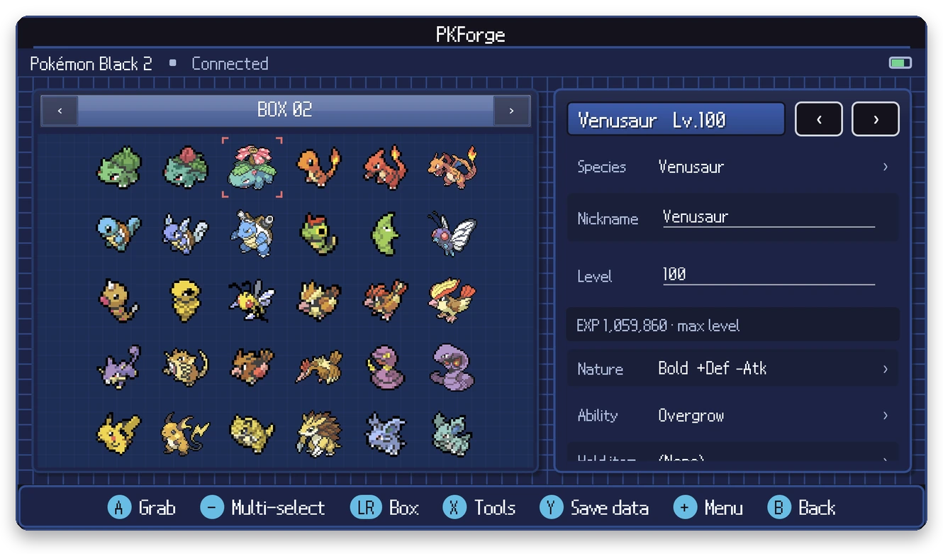 Pokemon box and editor fields for Venusaur