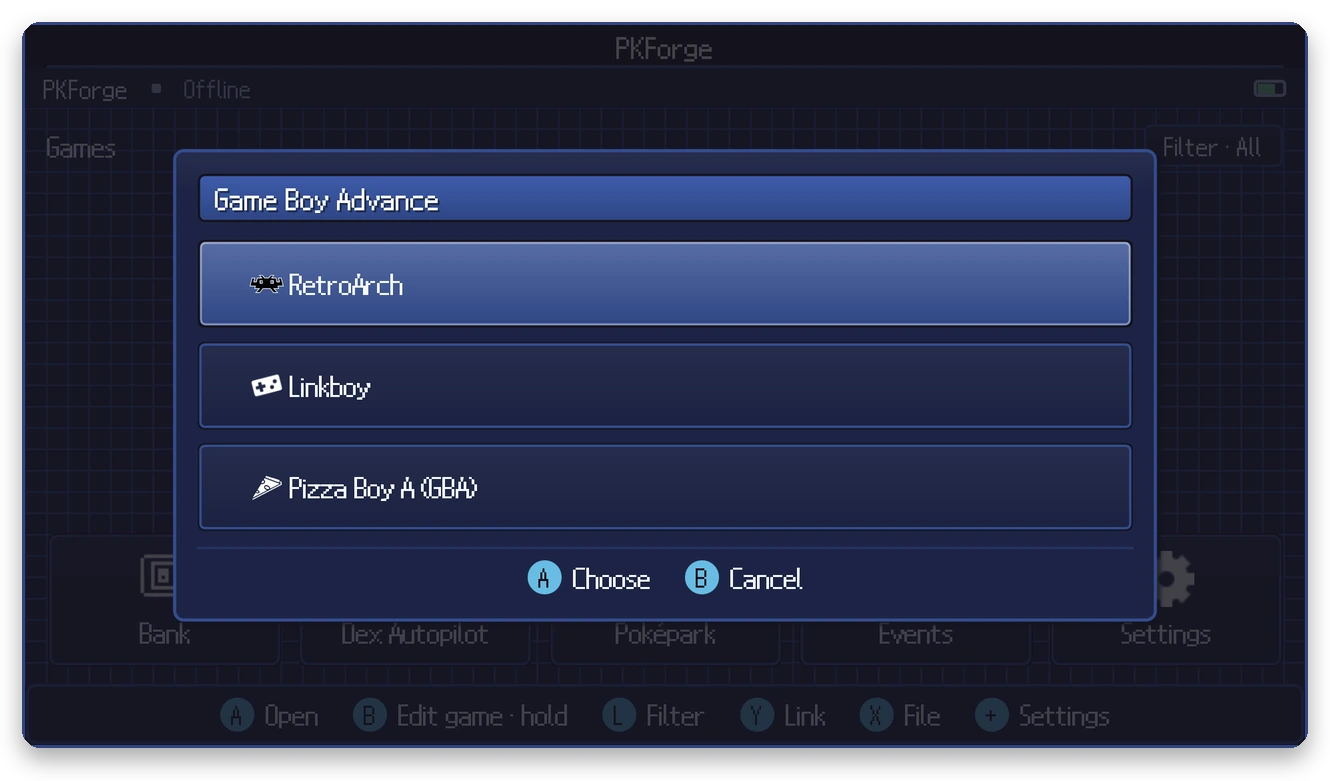 GBA emulator selection menu with RetroArch, Linkboy and Pizza Boy A