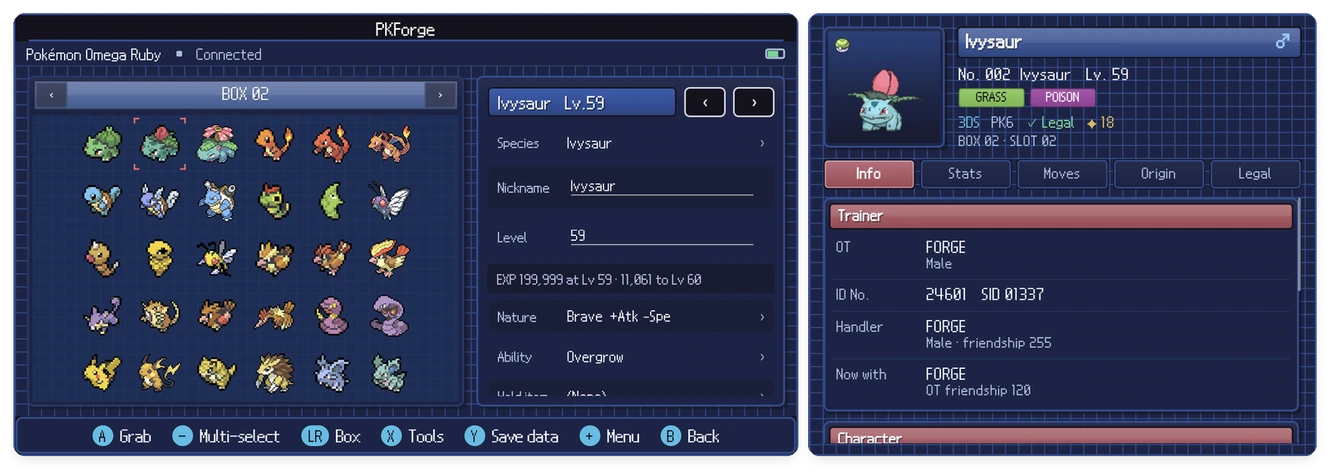 An Omega Ruby save open, with the inspector on the second screen