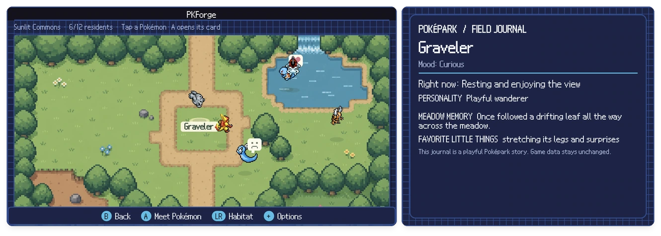 The Poképark, with the field journal on the second screen