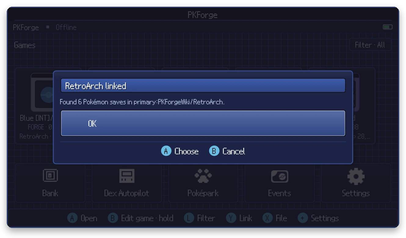 RetroArch linked, 6 saves found