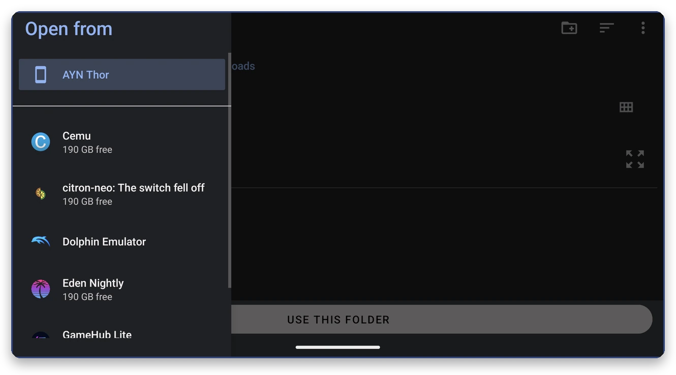 The picker side menu with emulator entries